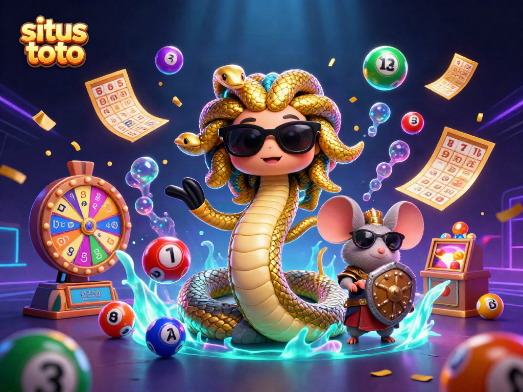 Mendapatkan keberuntungan di situs toto dengan karakter Medusa dan mouse perang, dikelilingi bola lotere berwarna-warni.