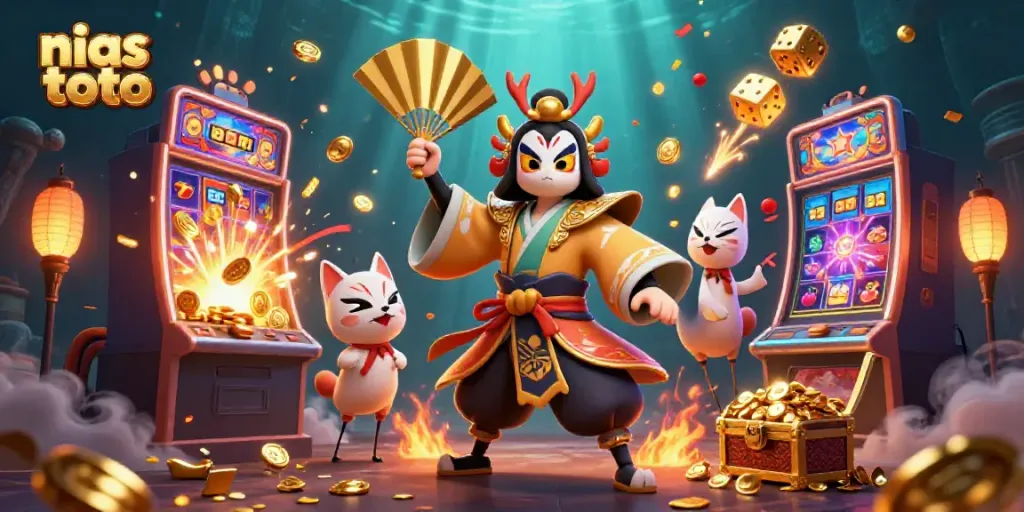 Ikon nias toto menampilkan mesin slot dan hadiah besar dalam ilustrasi tiga dimensi yang menarik.