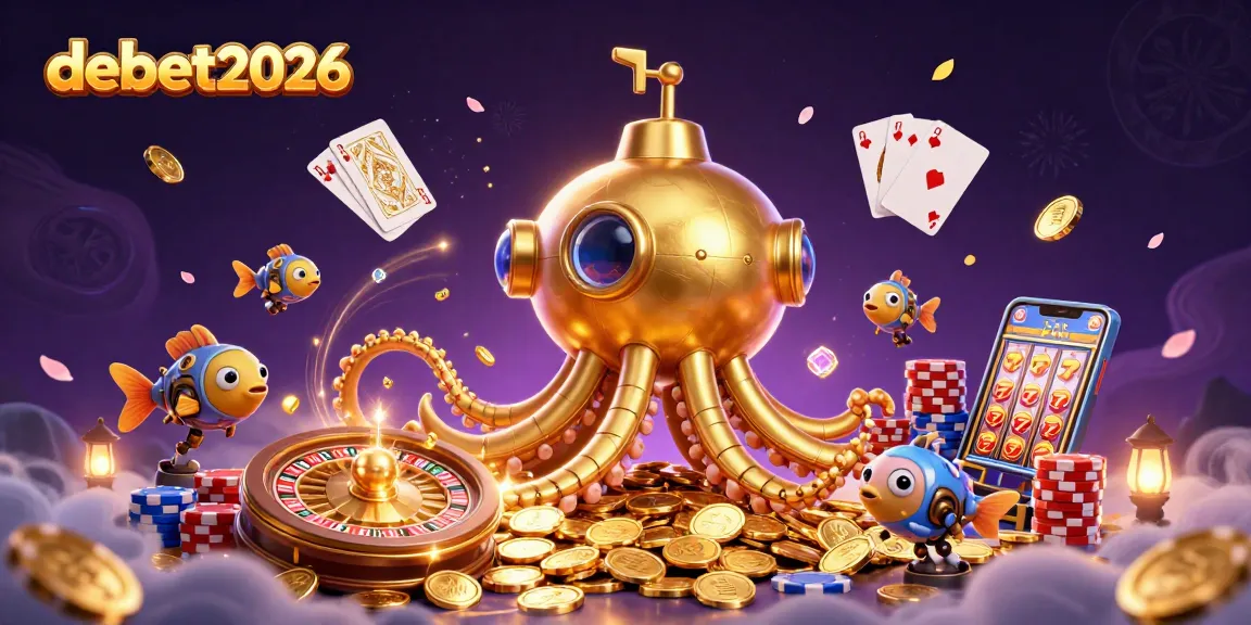Experience debet2026 with a kraken submarine amid golden coins, roulette spins, and winning cards.