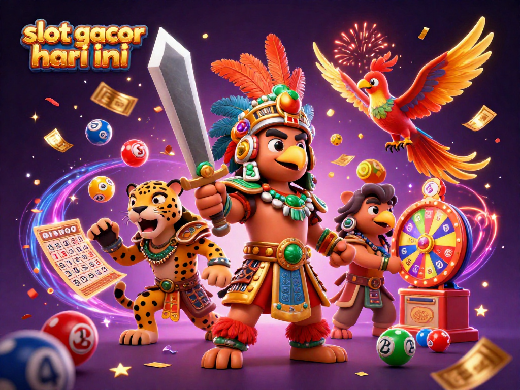 Engage in slot gacor hari ini with a vibrant 3D illustration featuring festive elements and dynamic characters celebrating casino gaming.