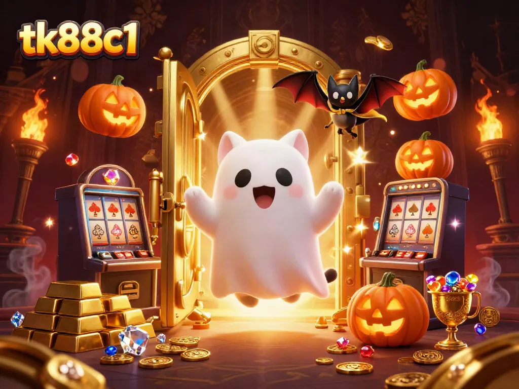Engage with tk88c1's haunted casino adventure featuring friendly ghost cat and vampire bat amidst glowing treasures.