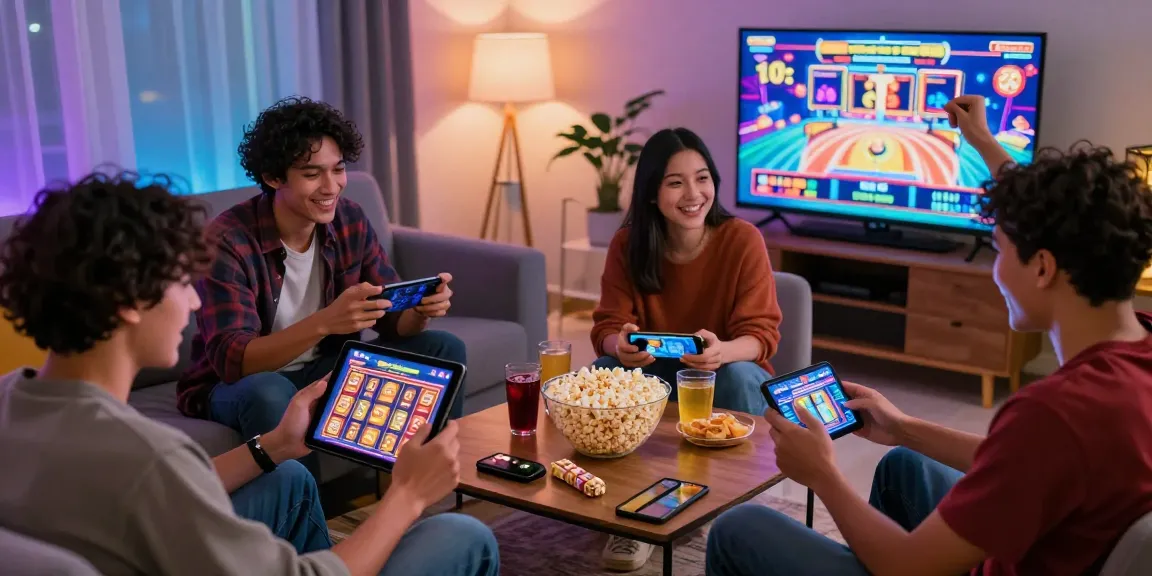 Situs slot deposit 10 ribu gaming scene with friends celebrating and engaging on multiple devices in a cozy living room.