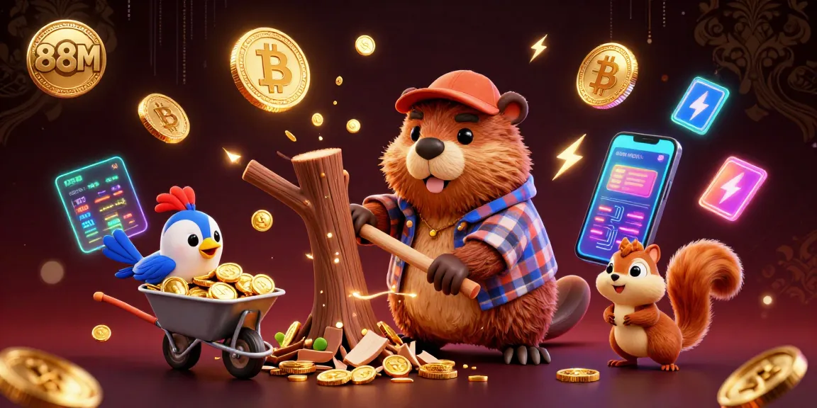 Engage in the 88M casino world with a thrilling scene of cartoon critters stacking coins and showcasing crypto elements.