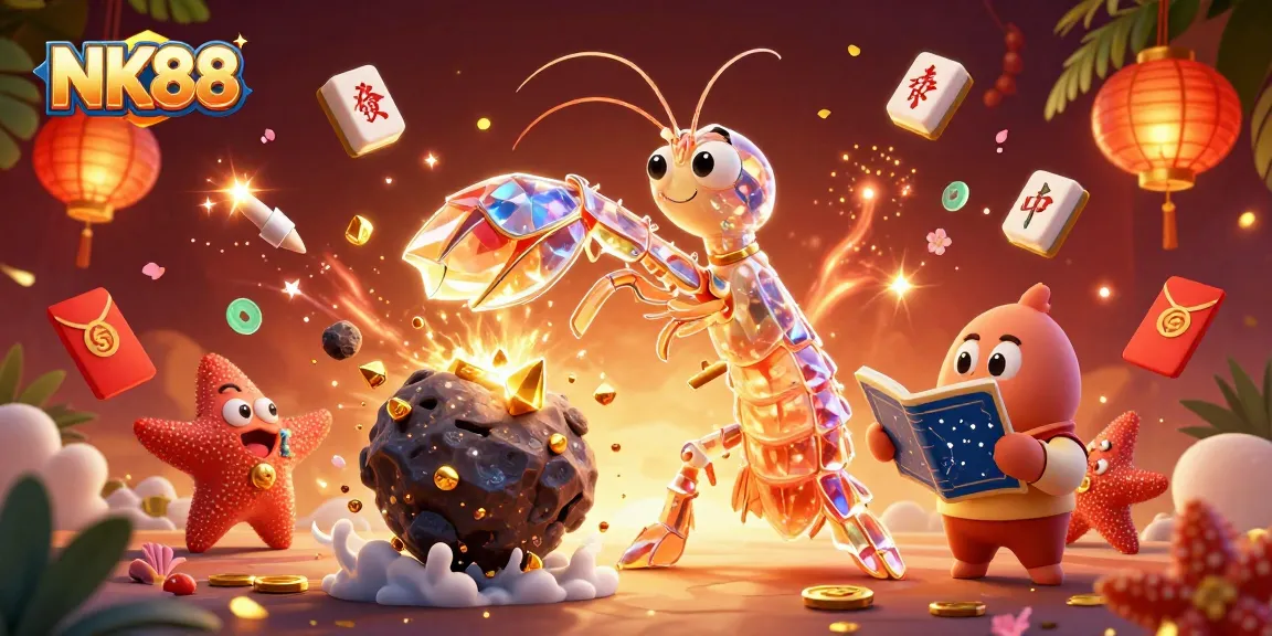Experience the thrill of NK88 with a galactic samurai mantis shrimp and starfish amidst vibrant gambling symbols.