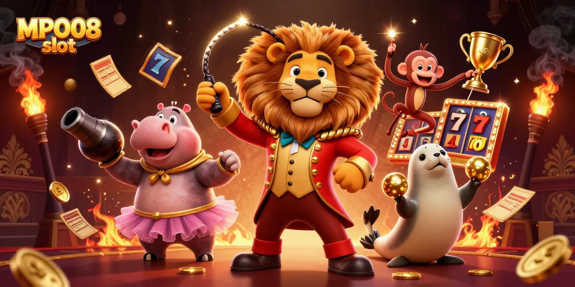 Engage with MPO08 slot as a lively scene with cartoon characters around vibrant game elements.