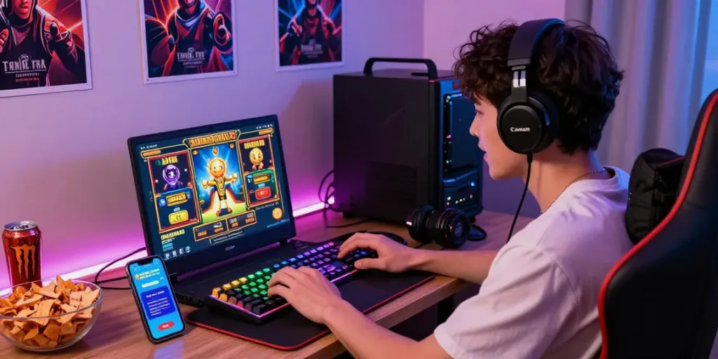 Slot Gacor: Pemain menikmati permainan slot online di BANDARTARUHAN168 dengan suasana gaming yang nyaman.
