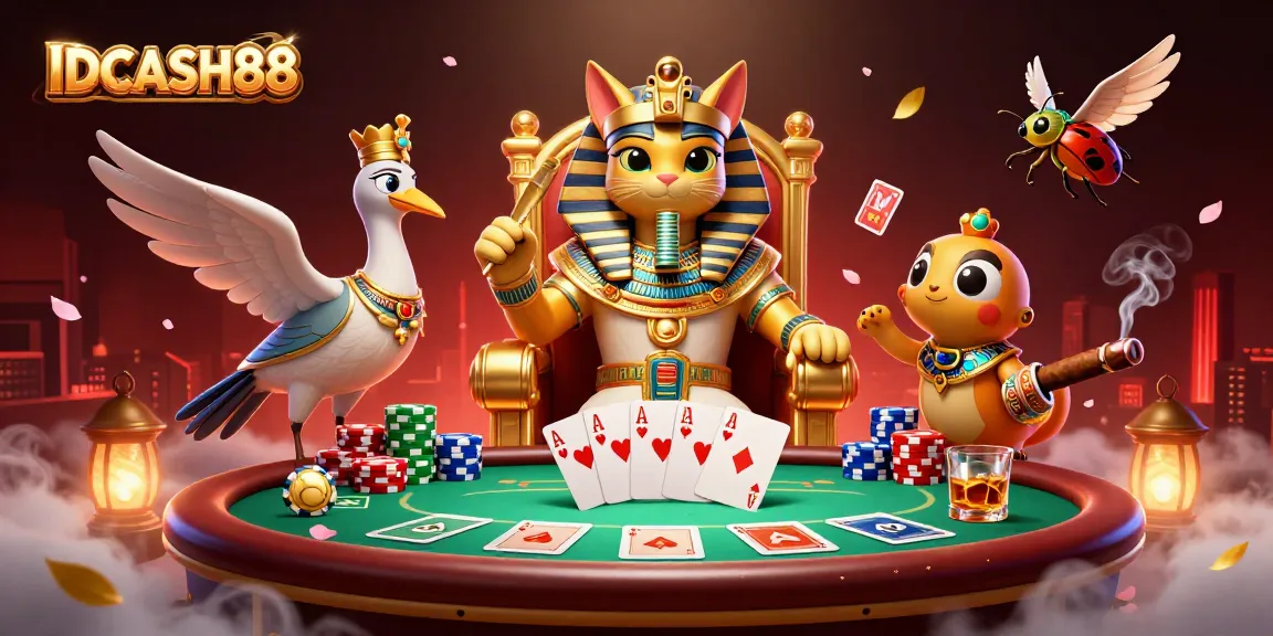 Experience winning with IDCASH88 in this dynamic poker scene featuring a pharaoh cat and vibrant chips.