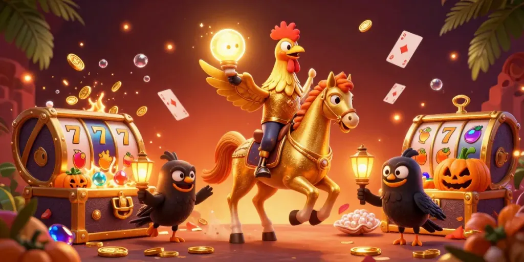 Experience the thrilling world of slot gacor with a golden rooster in a vibrant casino scene.