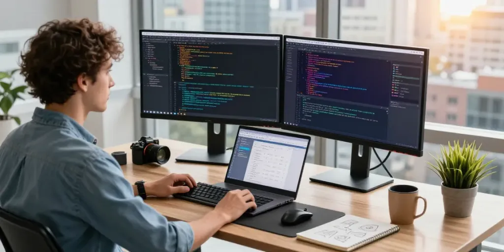 Programmer at a tech workspace coding, showcasing jebol wd software tools and modern office environment.