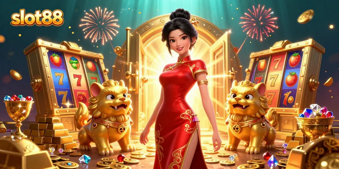 Engage with slot88's lively slot games through a glamorous casino scene featuring Asian cultural elements and treasures.