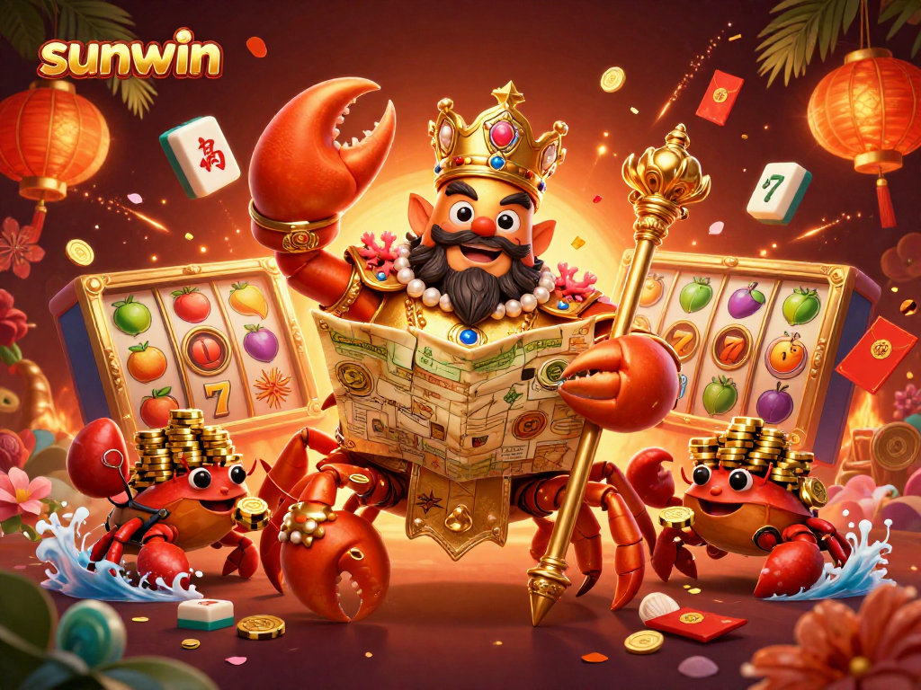 Experience the exciting world of sunwin with a golden crab emperor amidst vibrant casino elements and festive decorations.