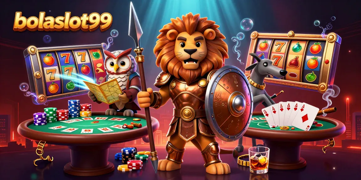 Experience the excitement of bolaslot99 with a heroic lion and engaging slot elements in this vibrant casino scene.