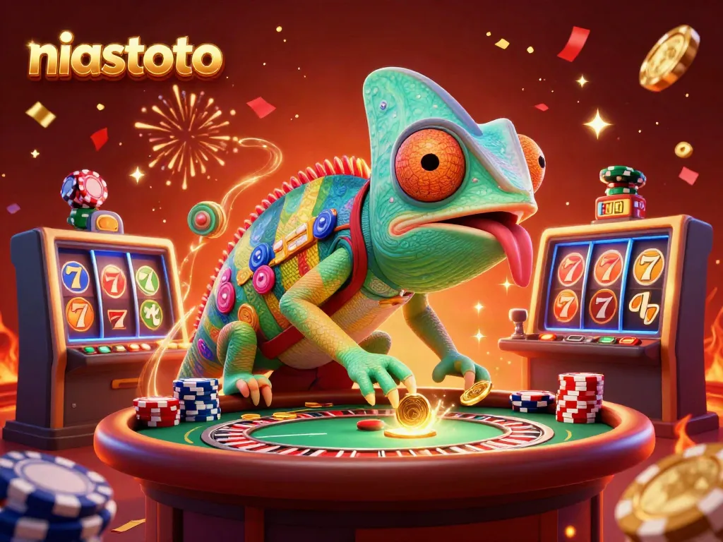 Engage with thrilling slots at niastoto featuring a vibrant chameleon casino owner and dazzling game elements.