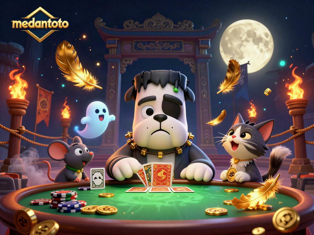 Mengganti kartu di Medantoto dengan bulldog Frankenstein dan koin emas mengalir di sekitar meja.