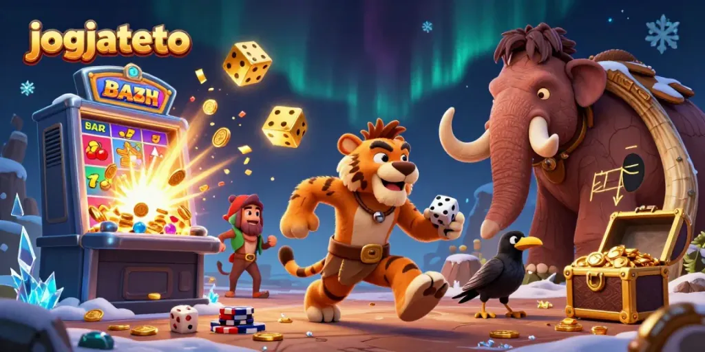 Experience the thrill of jogjatoto with a vibrant prehistoric casino scene featuring colorful game elements.