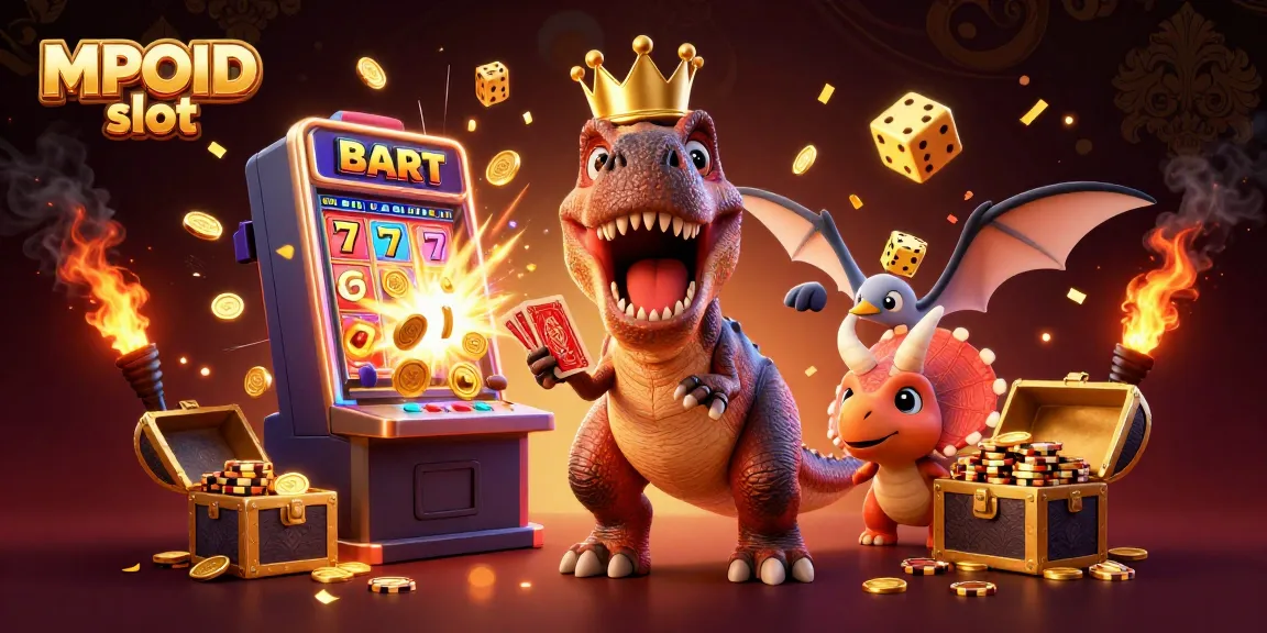 MPOID slot showcases interactive gameplay with cartoon dinosaurs shuffling cards and stacking chips.