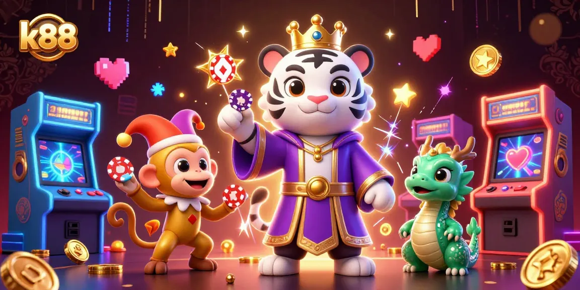 Join the fun at k88 with an elegant tiger, a jester monkey, and a lively jade dragon in this vibrant casino illustration.