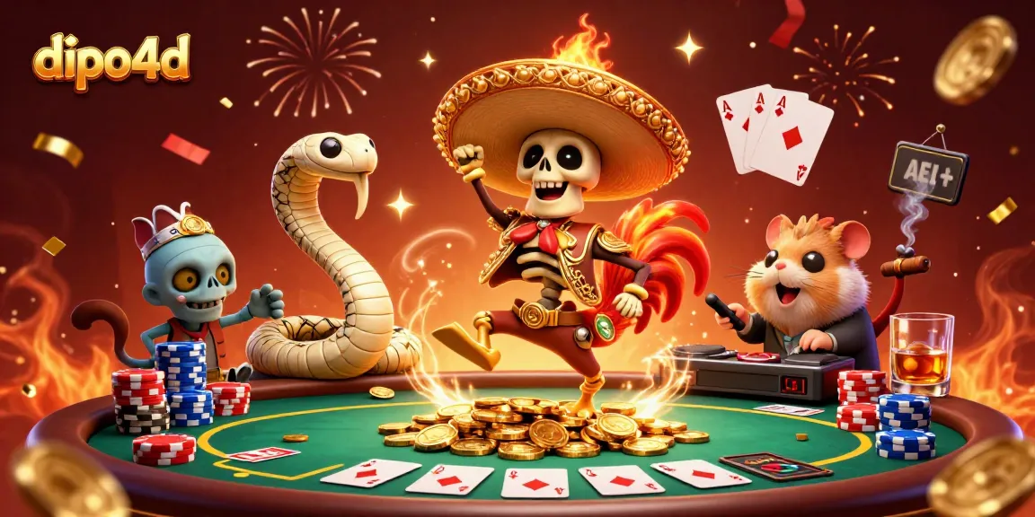 Dive into DIPO4D's thrilling casino experience with a vibrant victory dance illustration featuring engaging characters.