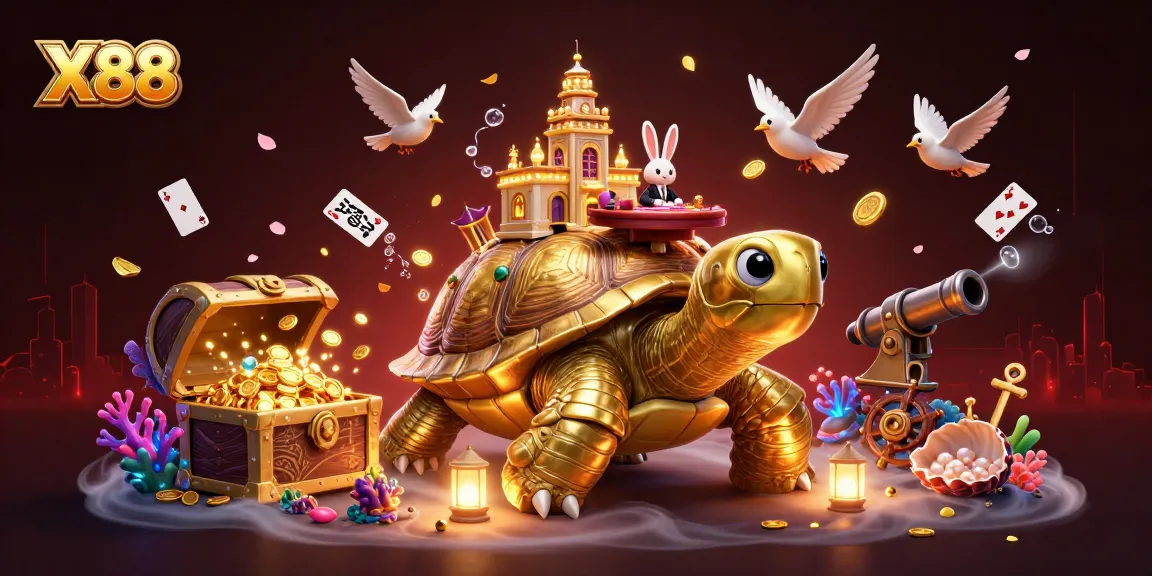 X88's vibrant 3D casino scene showcases a golden tortoise with a lively rabbit dealer, entrancing players with thrilling gaming action.
