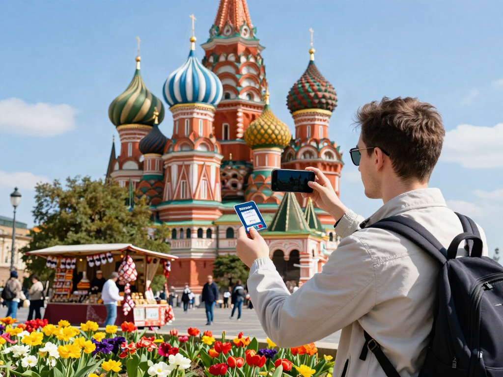 Pengunjung menggunakan kartu virtual dari payinrussia.com di depan Katedral Saint Basil, Moskow