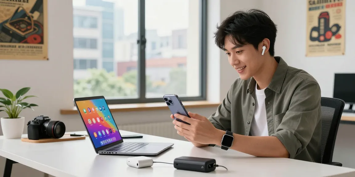 Young professional testing the iPhone 17 in a modern tech workspace with vibrant city view.