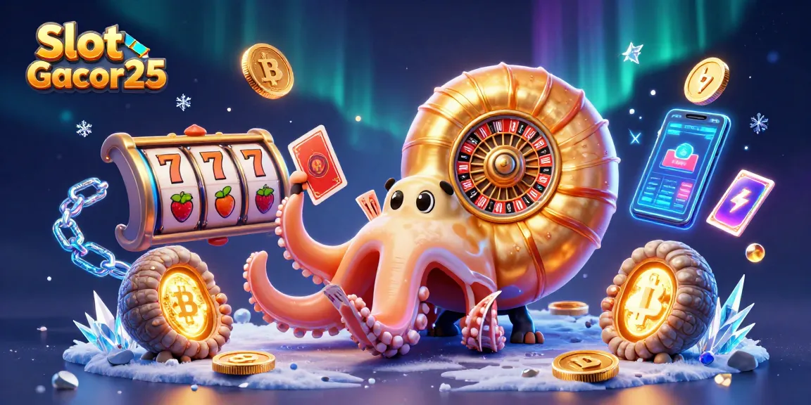Permainan Slot Gacor25 dengan nautilus raksasa dan simbol permainan menambah keseruan kasino.