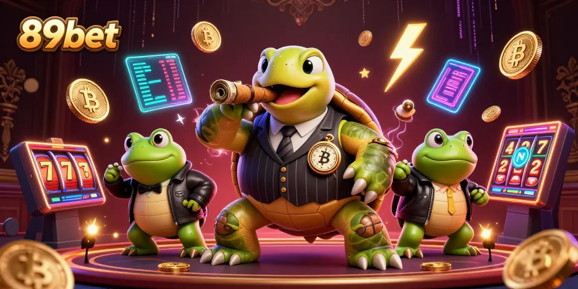Engage in thrilling gameplay at 89bet with a lively scene featuring a cartoon turtle and bullfrog enforcers amidst vibrant casino elements.