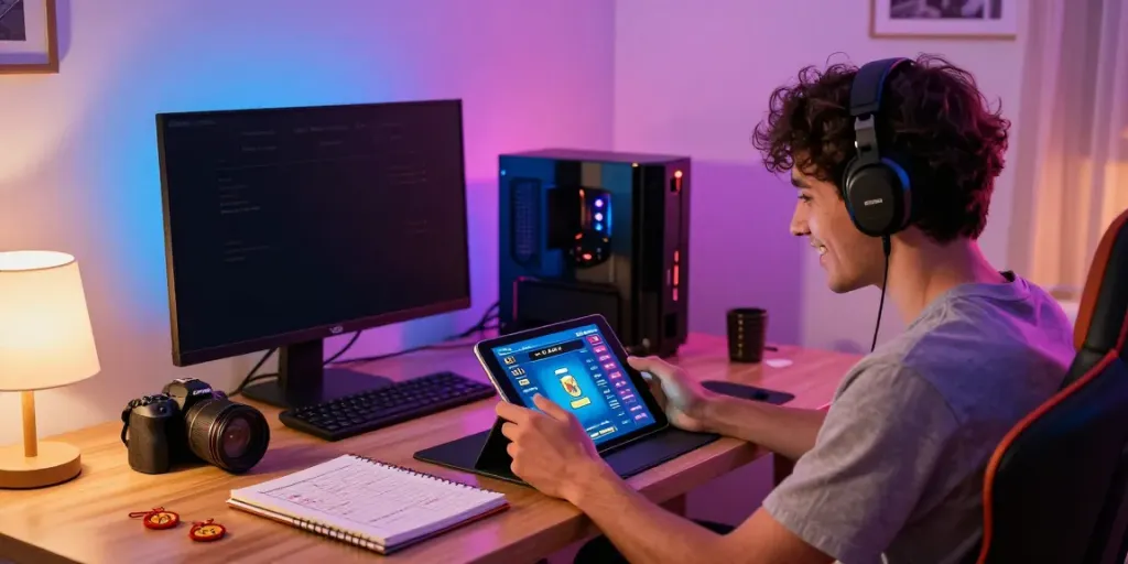 Engaged user playing ahha4d 4D and 5D togel games in a cozy gaming corner.