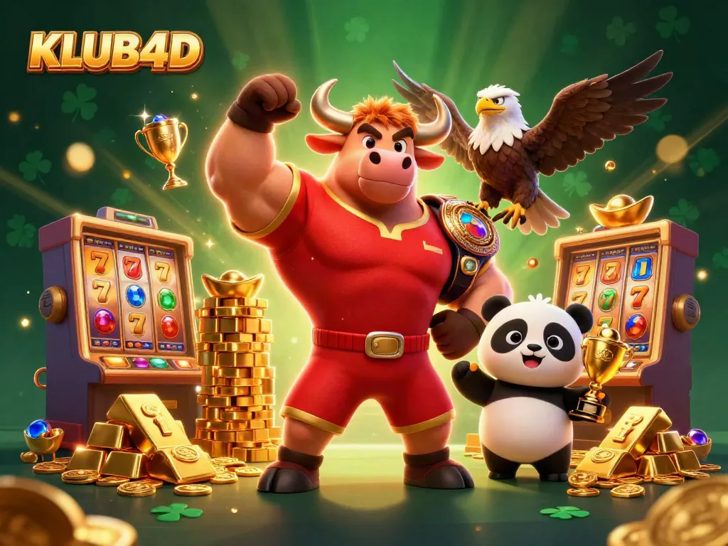 Permainan KLUB4D menghadirkan bula dan panda yang merayakan kemenangan di kasino yang berkilauan.