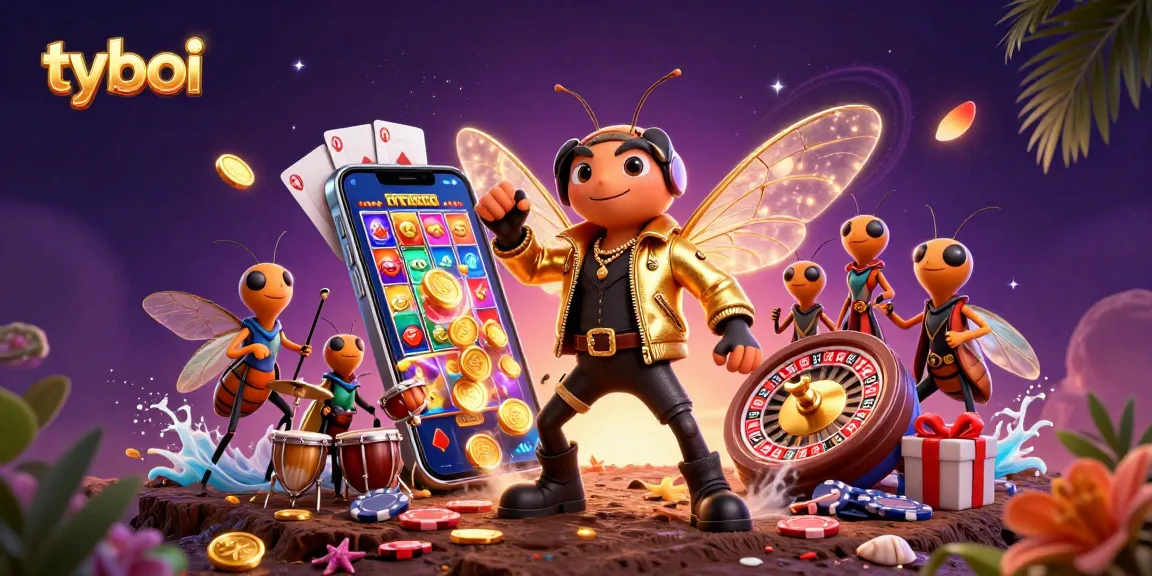 Engage with tyboi's vibrant gaming vibe featuring colorful slot games and dynamic casino elements.