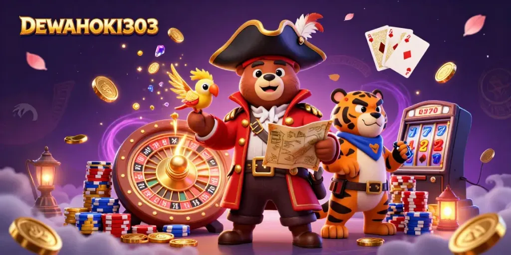 DEWAHOKI303 merayakan keberuntungan dengan karakter kasino dalam ilustrasi 3D yang menarik.