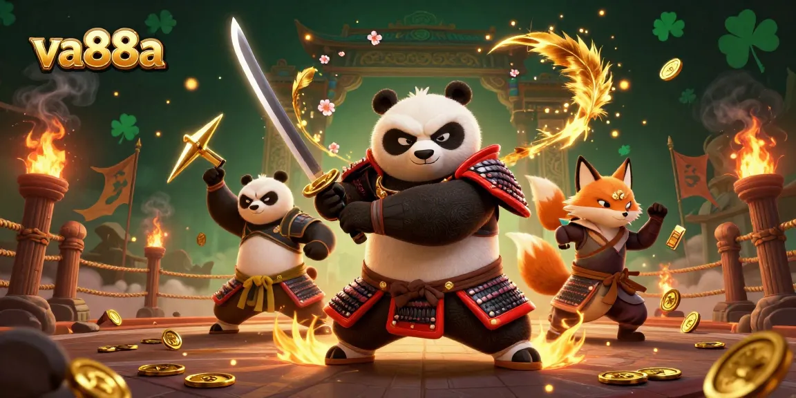 Experience immersive gambling with va88a featuring samurai panda, ninja fox in a vibrant casino scene.