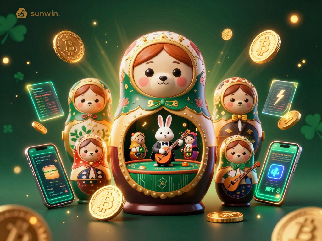 Experience sunwin's vibrant casino atmosphere with dynamic characters and crypto elements in this illustration.