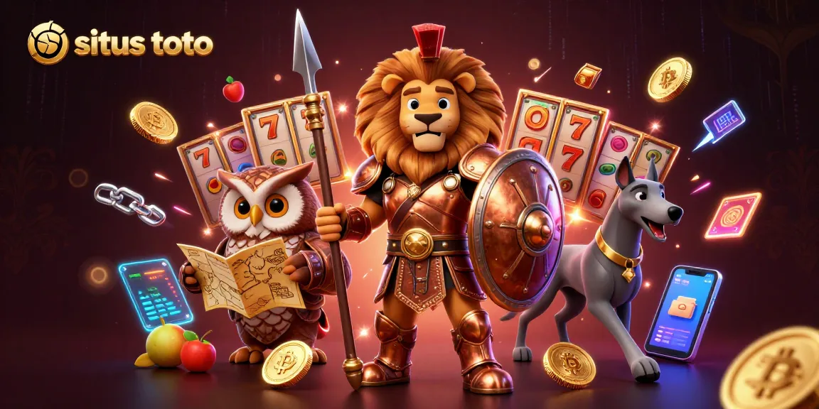 Menggambar situs toto dengan slot jackpot, singa spartan, dan tema kasino yang penuh energi.