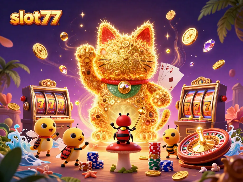 Mainkan slot777 dengan katak beruntung dikelilingi koin dan permata dalam ilustrasi 3D yang menarik.