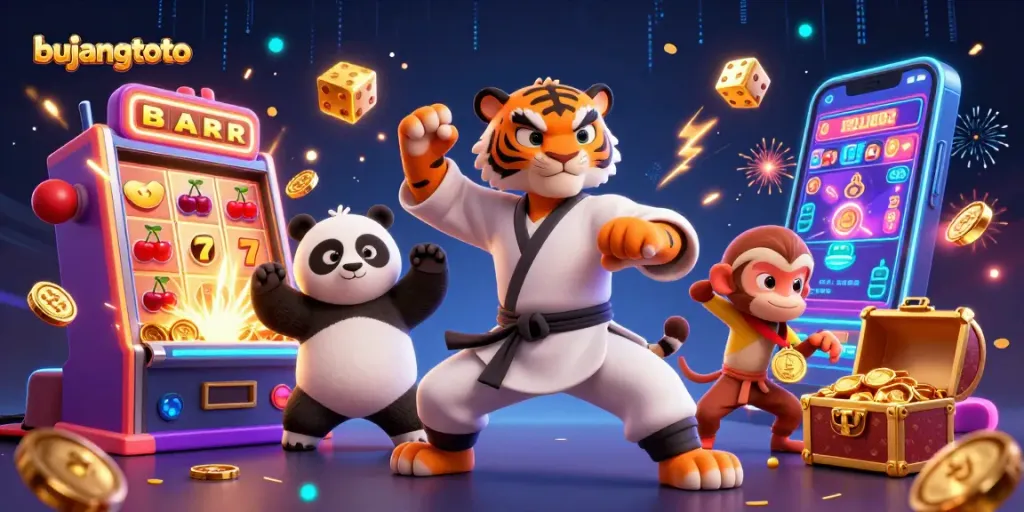 Experience thrilling gaming action at bujangtoto with vibrant casino scenes and dynamic characters.