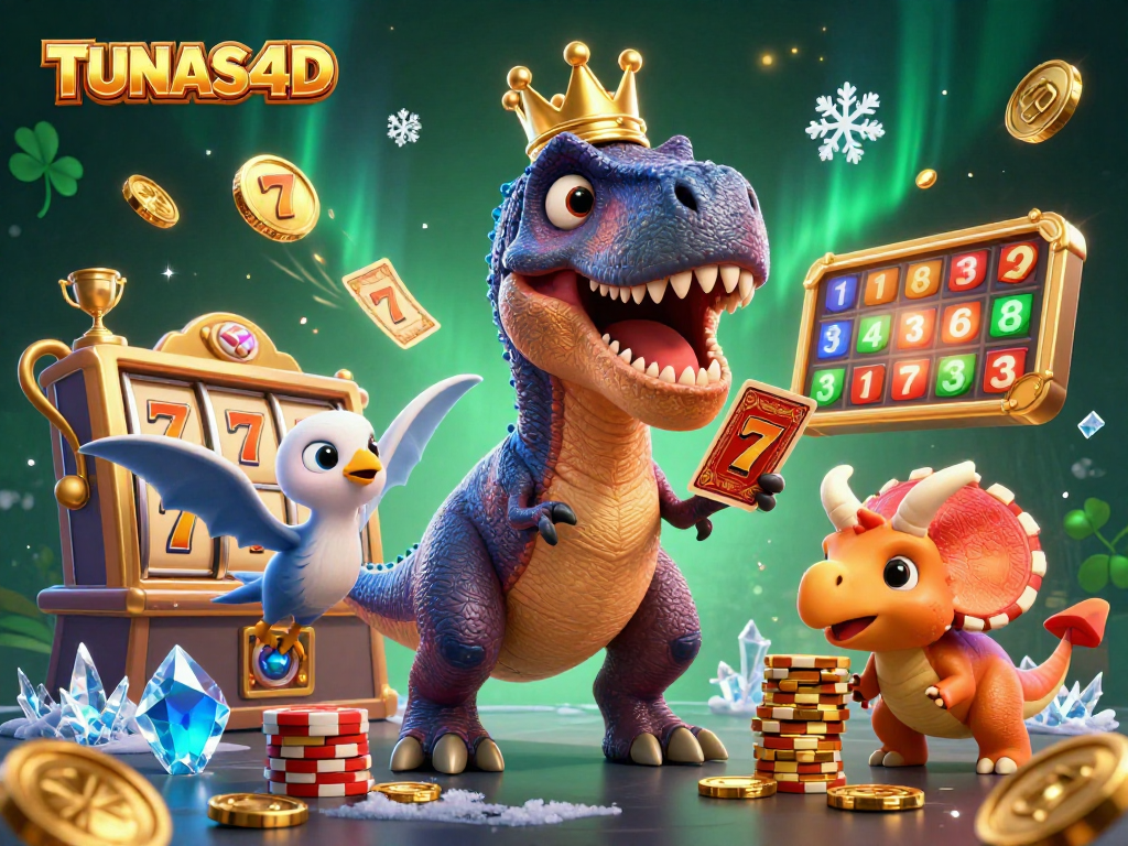 TUNAS4D showcases a vibrant casino scene with a T-Rex shuffling slot cards and a baby triceratops stacking golden chips.