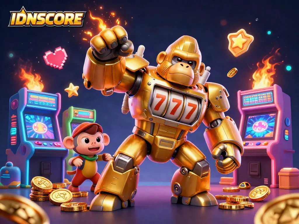 Engage with IDNSCORE's thrilling gaming atmosphere featuring a golden gorilla mech and exciting game elements.