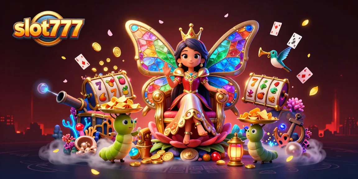 Experience slot777 in vibrant casino action with a butterfly queen amidst treasures and gaming elements.