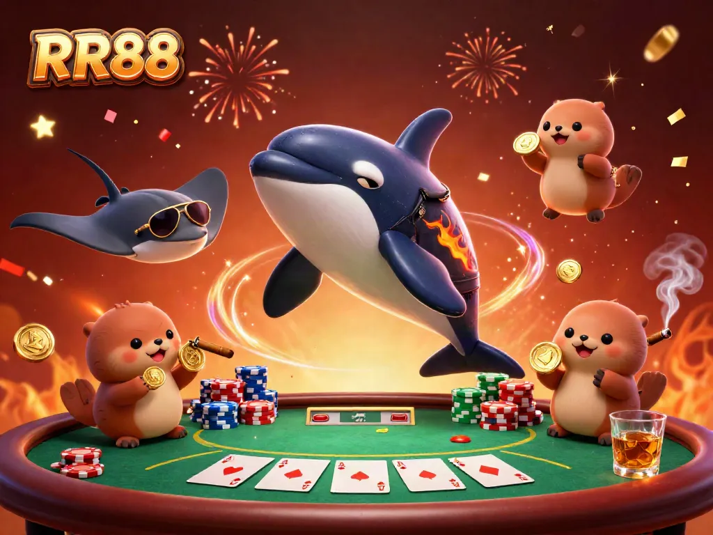 Experience thrilling poker action with RR88's orca and sea creatures in a vibrant casino celebration.