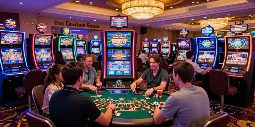 Exciting scene showcasing players enjoying 2up casino games in a vibrant casino atmosphere filled with colorful lights.