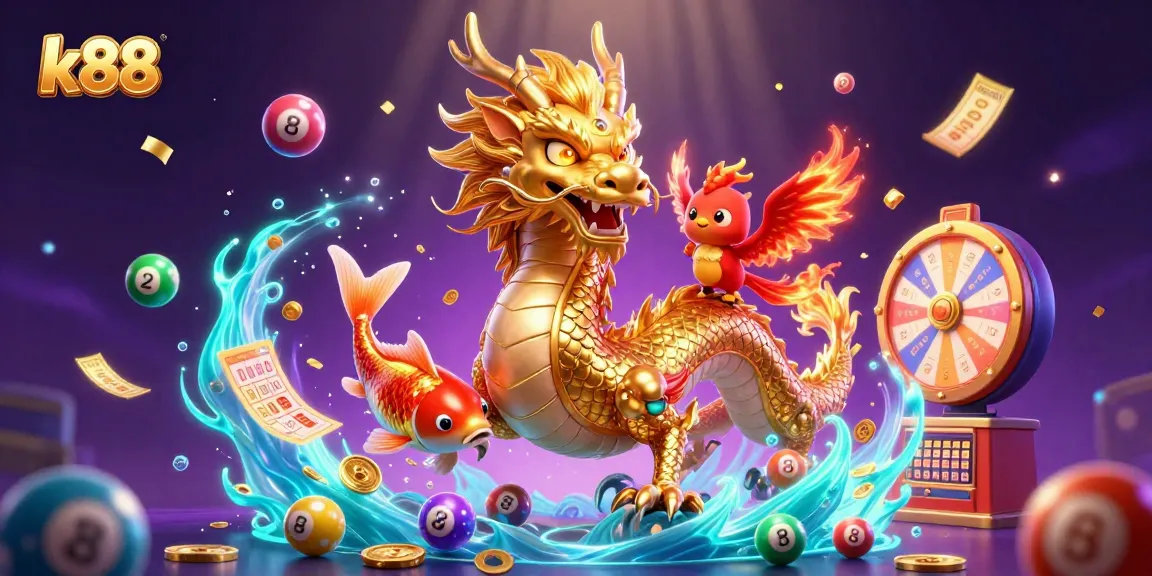 Spin the k88 prize wheel with golden dragon, phoenix, and koi fish amidst vibrant gambling elements.