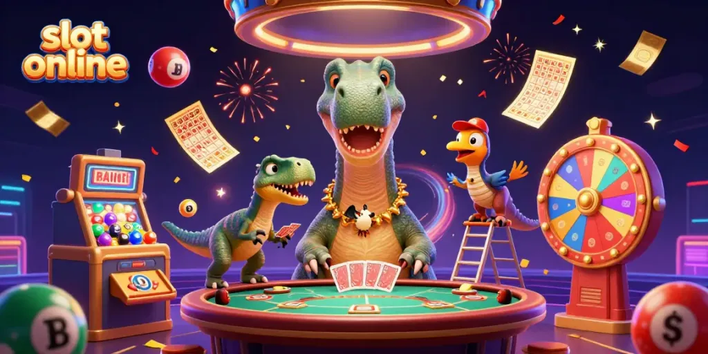 Lihat slot online dengan brontosaurus dan raptor dalam suasana ceria di kasino.