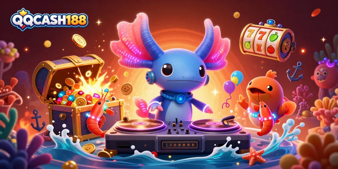 Play slots with QQCASH188 featuring an axolotl DJ spinning records and vibrant underwater treasures.