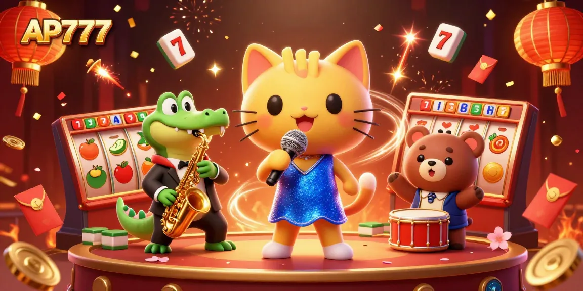 Join the fun with AP777 as a jazzy cat sings while surrounded by vibrant casino elements.