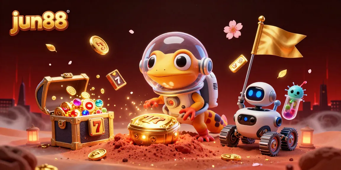 Experience excitement at jun88 with an animated Martian gecko discovering a buried golden casino.