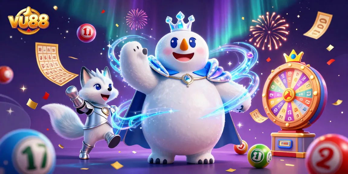 Experience thrilling wins at vu88 with vibrant lottery balls and festive celebration in a lively casino scene.