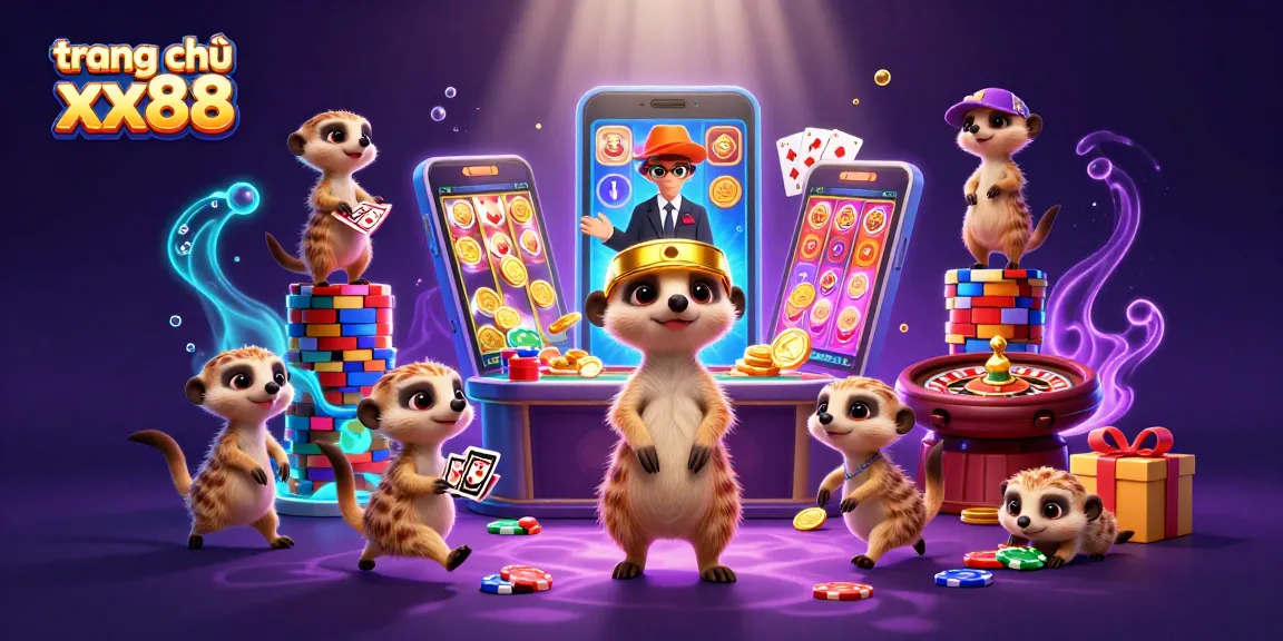 Experience top-notch games at trang chủ xx88 with a playful meerkat casino scene showcasing slot machines and vibrant action.