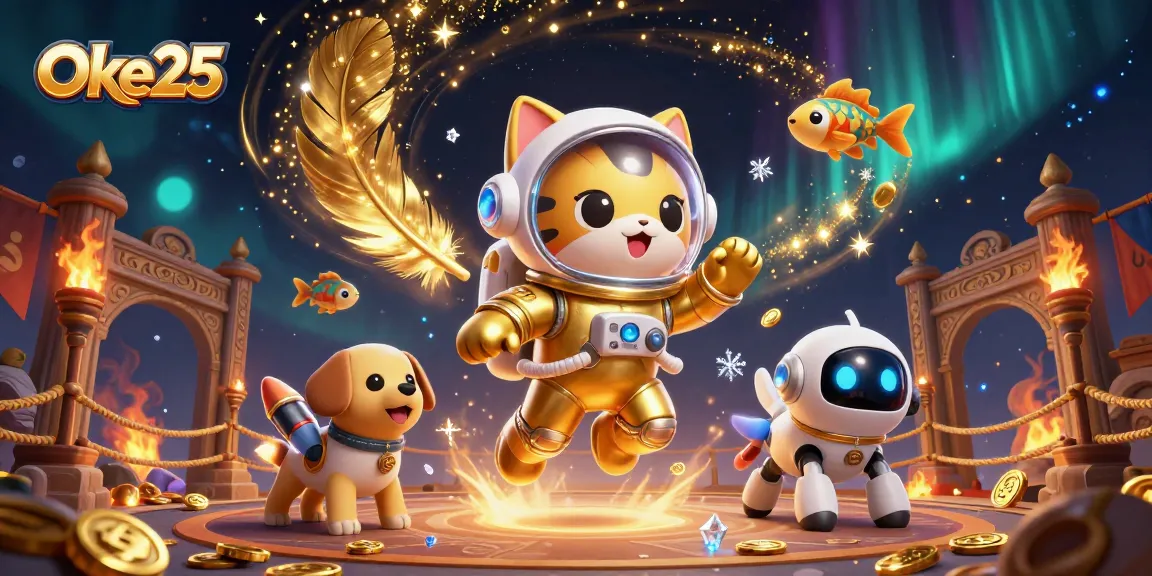 Oke25 memperlihatkan kucing astronot dan anjing robot dalam gambaran kasino multiguna yang kaya detail.