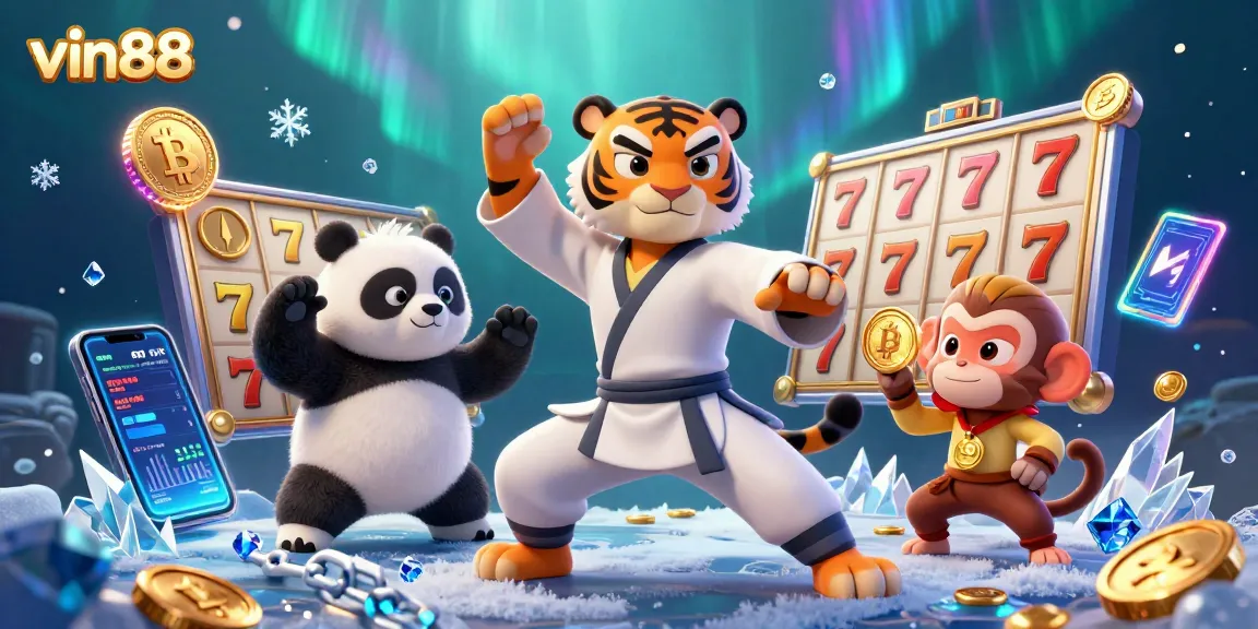 Experience thrilling gameplay at vin88 with a vibrant 3D illustration showcasing slot machines and dynamic characters.